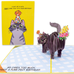 A pop-up birthday card featuring a front cover with a cartoon cat in a party hat and the text, 4 out of 5 cats don't care that it's your birthday. Inside, a 3D cat in a party hat with confetti pops up, saying, Have a purr-fect birthday!