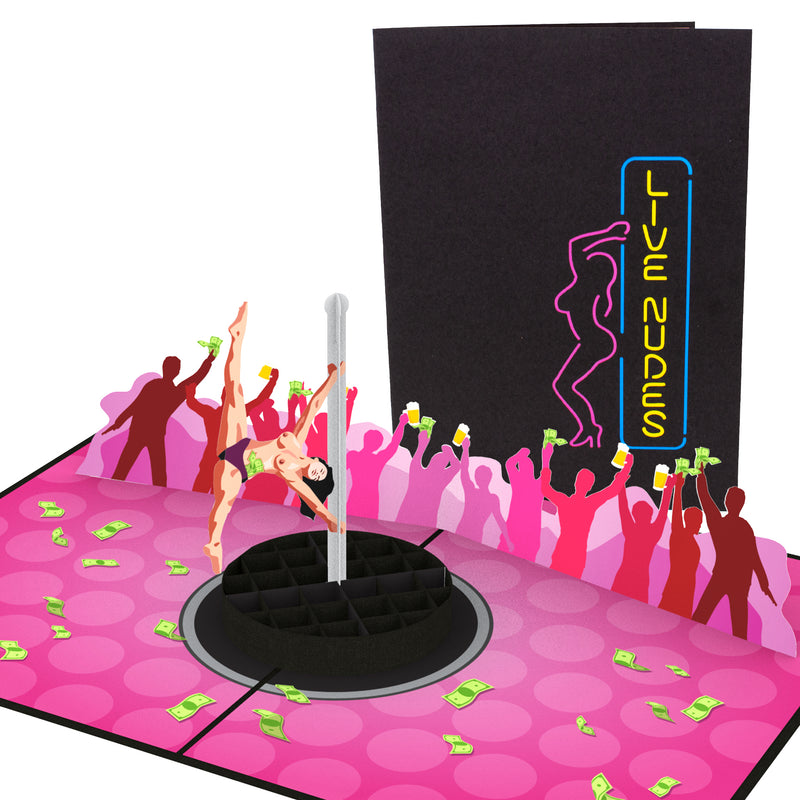 A pop-up card featuring a 3D dancer on a pole with cheering silhouettes and scattered dollar bills in the background. A black card with a neon LIVE NUDES sign design is positioned behind the pop-up scene.