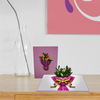 A 3D pop-up card featuring a bouquet of stylized flowers in pink wrapping with a yellow and purple ribbon, displayed on a wooden surface next to its matching closed pink card, near a clear glass vase.