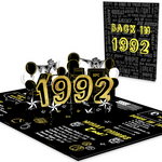 A 3D pop-up card with 1992 in glittery gold numbers, surrounded by balloons, stars, and retro elements. The cover reads Back in 1992 against a black background with nostalgic phrases.