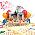 A pop-up 50th birthday card featuring a large disco ball, colorful balloons, and retro-style typography. The card includes fun facts from 1975, music notes, and a nostalgic theme celebrating the milestone year.