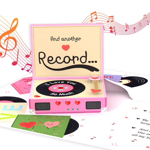 A pop-up greeting card designed as a pink record player, featuring a spinning vinyl that reads "I Love You So Much." The card includes musical notes and romantic details, creating a nostalgic and heartfelt gift.