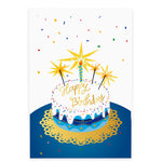 A greeting card cover featuring an illustrated birthday cake with white frosting, colorful sprinkles, and a blue and gold base sitting on an ornate golden doily. The words 'Happy Birthday' are elegantly written in gold script on top of the cake. A striped blue and yellow candle stands in the center, surrounded by bright golden sparklers. Multicolored confetti falls in the background, adding to the festive atmosphere.