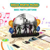 Pop-up disco-themed greeting card featuring a large mirrored disco ball, dancing silhouettes, and a light-up dance party scene with music notes and vibrant decorations.