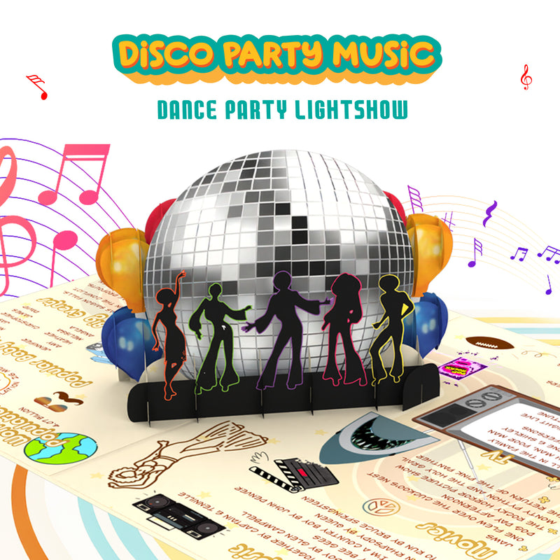 Pop-up disco-themed greeting card featuring a large mirrored disco ball, dancing silhouettes, and a light-up dance party scene with music notes and vibrant decorations.