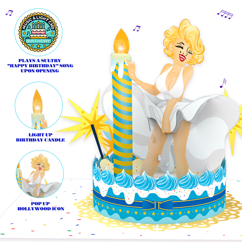 A 3D pop-up greeting card featuring a glamorous blonde woman in a white dress, inspired by an iconic Hollywood look, playfully posing as her skirt lifts. She stands atop a decorated birthday cake with blue and white frosting, golden stars, and a striped candle that lights up. Musical notes float in the background, indicating the card plays a sultry 'Happy Birthday' song upon opening. Additional design elements highlight key features: a 'Music & Light Card' emblem, a close-up of the light-up candle, and a zo