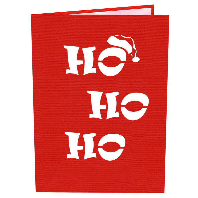 A red greeting card cover with the text HO HO HO in bold, white letters, with the top O wearing a Santa hat. The design is simple and festive, evoking a cheerful holiday spirit.