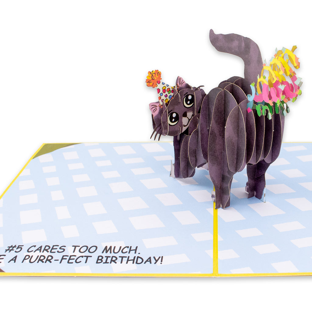 Funny birthday card featuring a gray tabby cat surrounded by confetti, with the text #5 cares too much. Have a purr-fect birthday!.