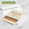 Pop-up greeting card set featuring a "Back in 1975" design, accompanied by an envelope and note paper.