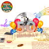 A pop-up card celebrating a 50th birthday with a retro 70s theme. The card features a large 50th Birthday text surrounded by colorful balloons, a disco ball, and musical notes, evoking a lively, vintage vibe.