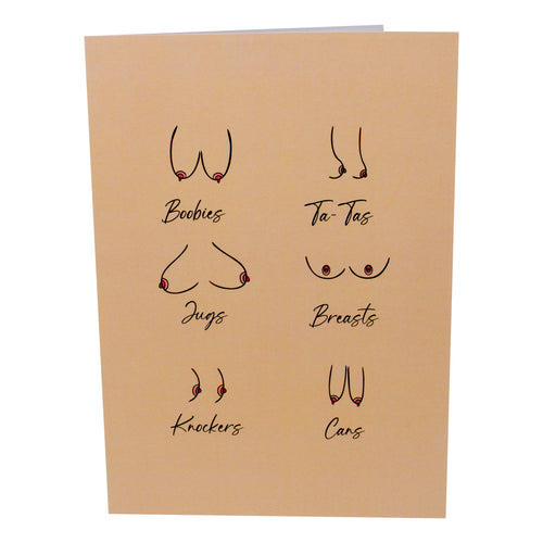 The image is of a greeting card cover featuring minimalist line drawings of breasts with different shapes, each labeled with slang terms: Boobies, Ta-Tas, Jugs, Breasts, Knockers,  and Cans, all on a light beige background.