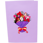 Purple greeting card with a colorful illustration of a bouquet featuring various stylized flowers wrapped in a purple paper with a red and yellow ribbon tied in a bow