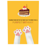 Illustrated birthday card with a slice of cake, cat paws, and the text "Purrfect Birthday" on a yellow background.