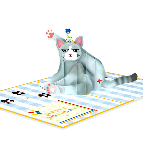 Grumpy 3D pop-up cat wearing a party hat, sitting on a checkered birthday-themed background with paw prints.