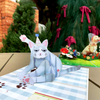 3D pop-up card featuring a grumpy cat wearing a party hat, sitting on a checkered background with paw prints.