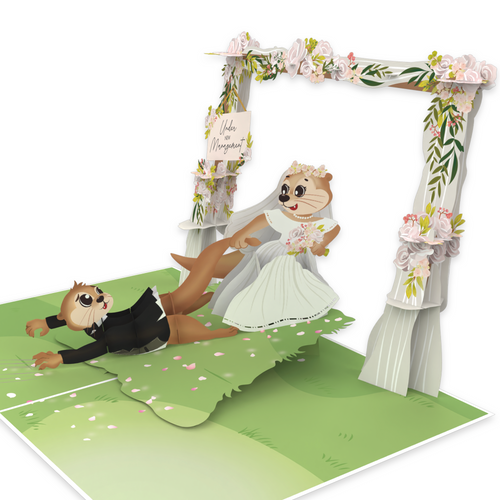 A 3D pop-up greeting card featuring two cartoon otters in wedding attire under a floral arch. The bride otter, wearing a white dress and a flower crown, is playfully pulling the groom otter, dressed in a tuxedo, by his leg as he falls backward. The arch is decorated with pastel flowers and greenery, with a small wooden sign that reads 'Under New Management.' The scene is set on a grassy surface with scattered pink flower petals