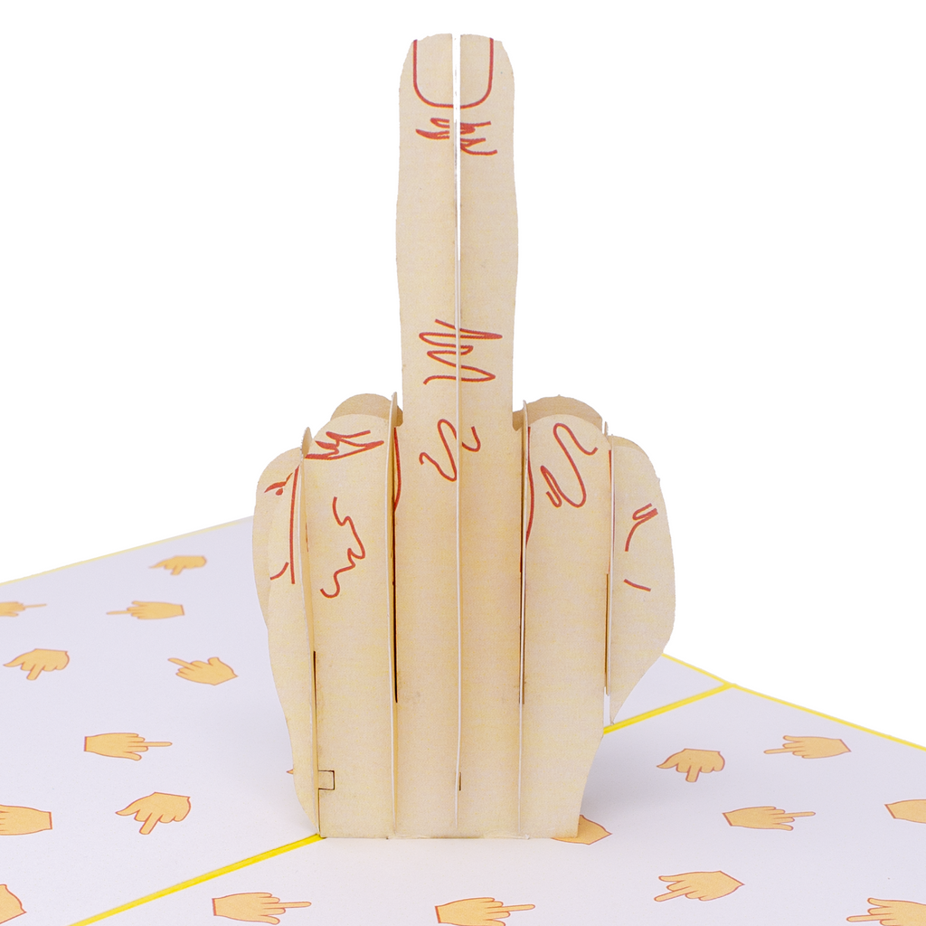 A pop-up card featuring a 3D design of a hand showing the middle finger, surrounded by smaller printed illustrations of the same gesture on a white background with a yellow border. The card has a bold, cheeky message.